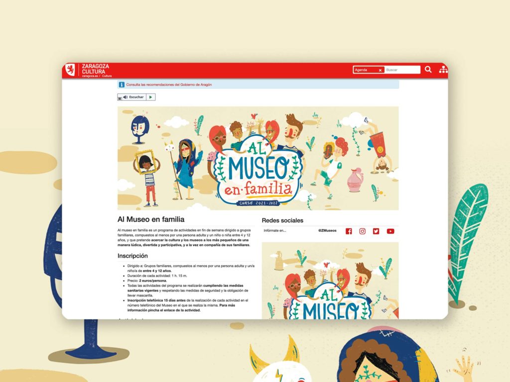 Diseño e ilustración de la imagen de la campaña publicitaria de la iniciativa de Zaragoza Museos "Al museo en Familia" - Vera Galindo