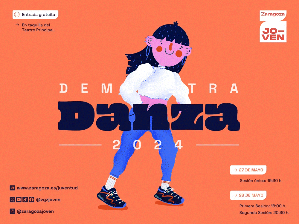 Campaña publicitaria animada para Zaragoza Joven, Ayuntamiento de Zaragoza, Demuestra Danza 2024. Diseño, ilustración y animación.