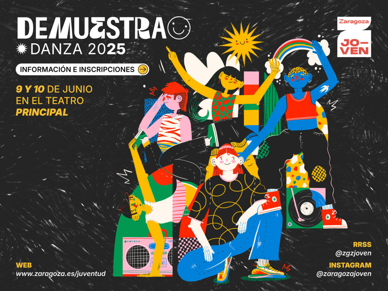 Campaña publicitaria para Zaragoza Joven, Ayuntamiento de Zaragoza, Demuestra Danza 2025. Diseño gráfico e ilustración.