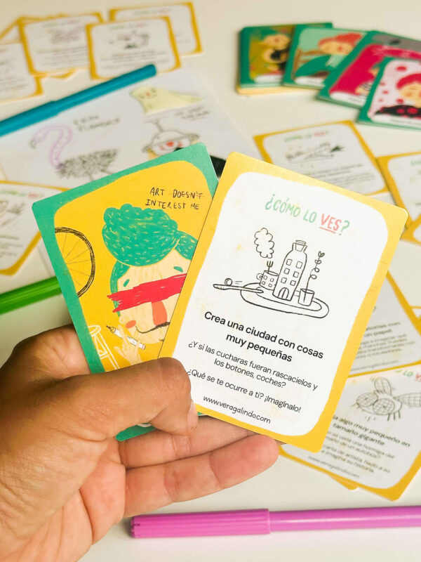 Baraja de cartas de ejercicios creativos gratis para niños y mayores, profesoras y maestras del album ilustrado infantil "¿Cómo lo ves?"