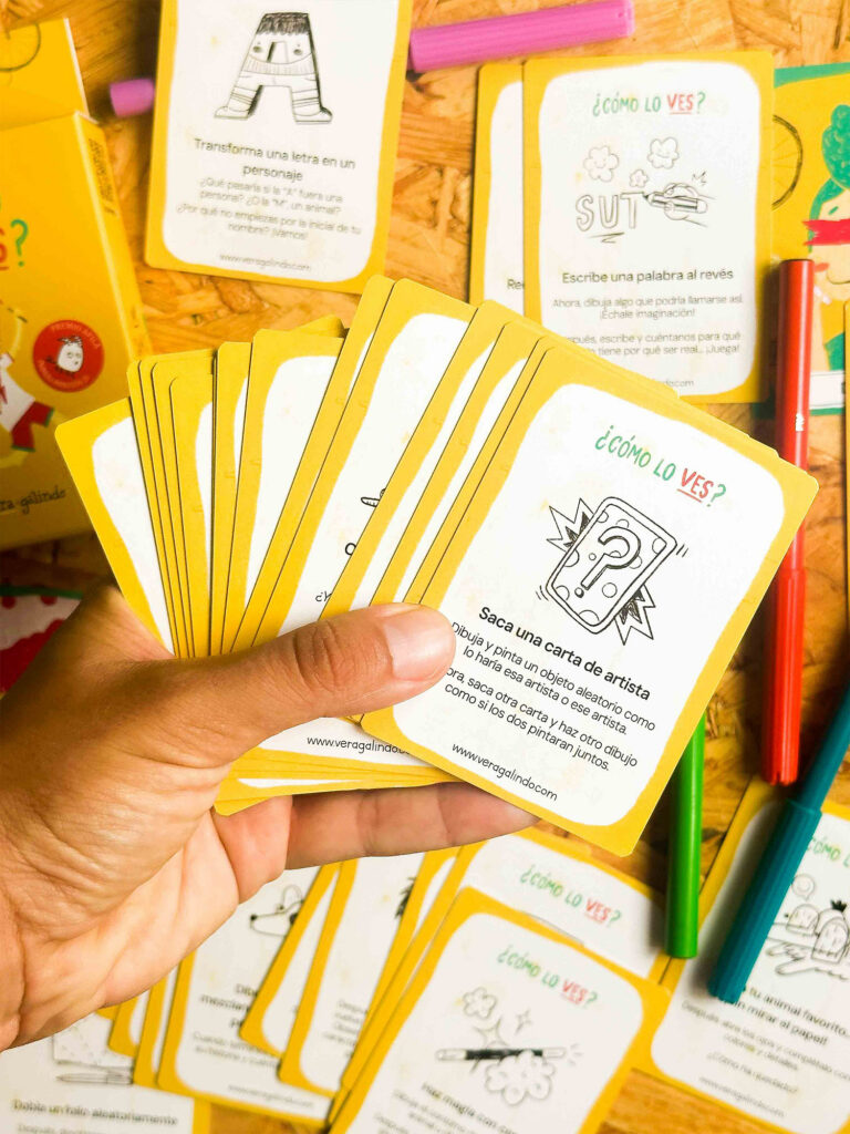 Baraja de cartas de ejercicios creativos gratis para niños y mayores, profesoras y maestras del album ilustrado infantil "¿Cómo lo ves?"