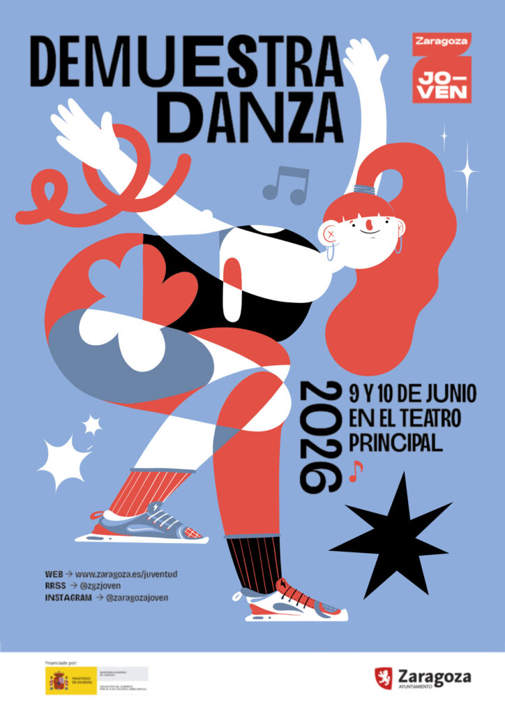 Campaña publicitaria para Zaragoza Joven, Ayuntamiento de Zaragoza, Demuestra Danza 2026. Diseño gráfico e ilustración.