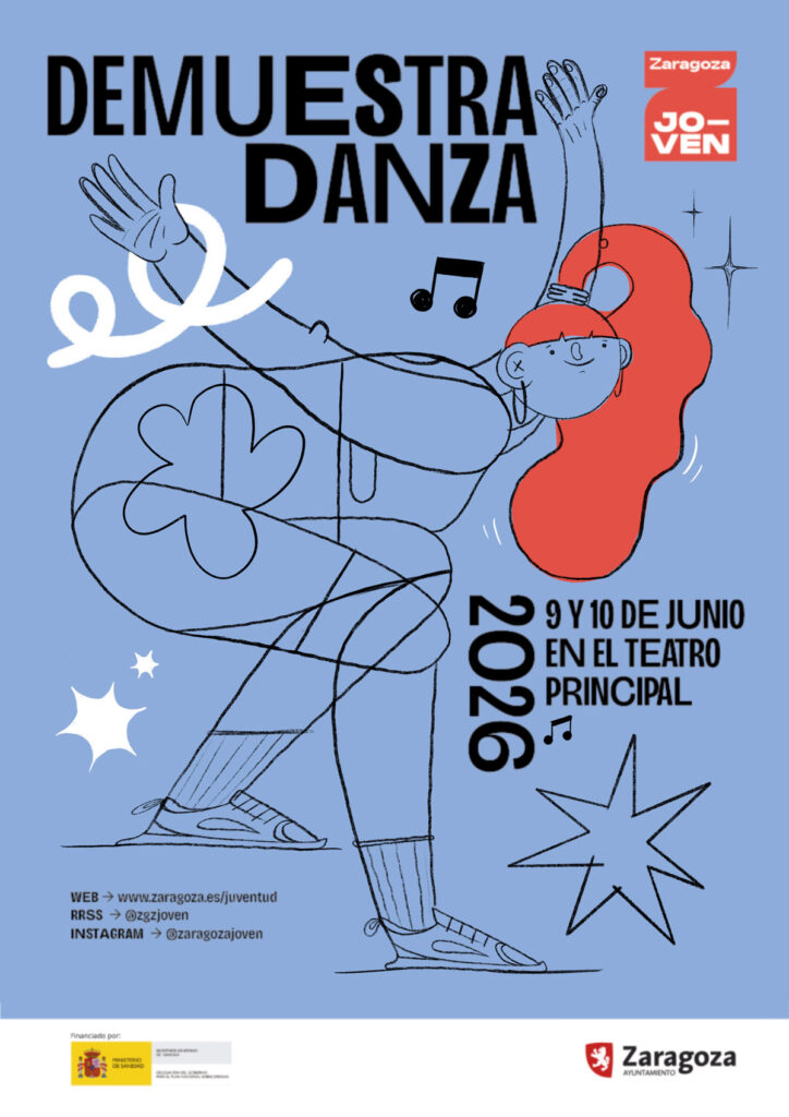 Campaña publicitaria para Zaragoza Joven, Ayuntamiento de Zaragoza, Demuestra Danza 2026. Diseño gráfico e ilustración.