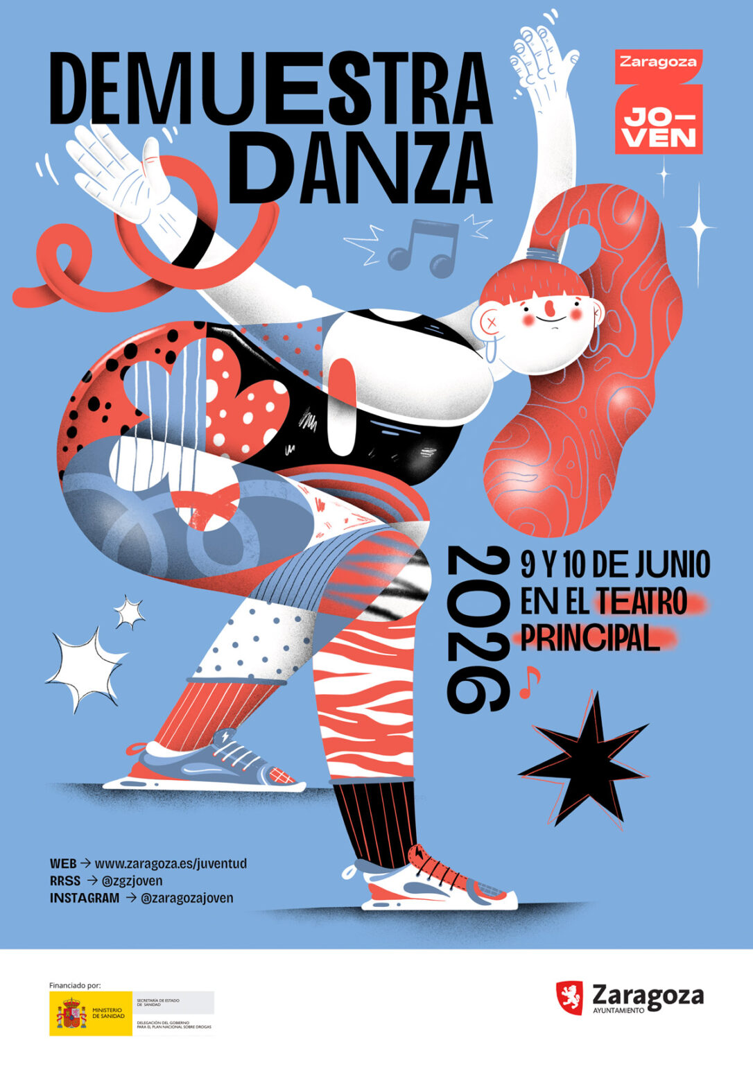 Campaña publicitaria para Zaragoza Joven, Ayuntamiento de Zaragoza, Demuestra Danza 2026. Diseño gráfico e ilustración.