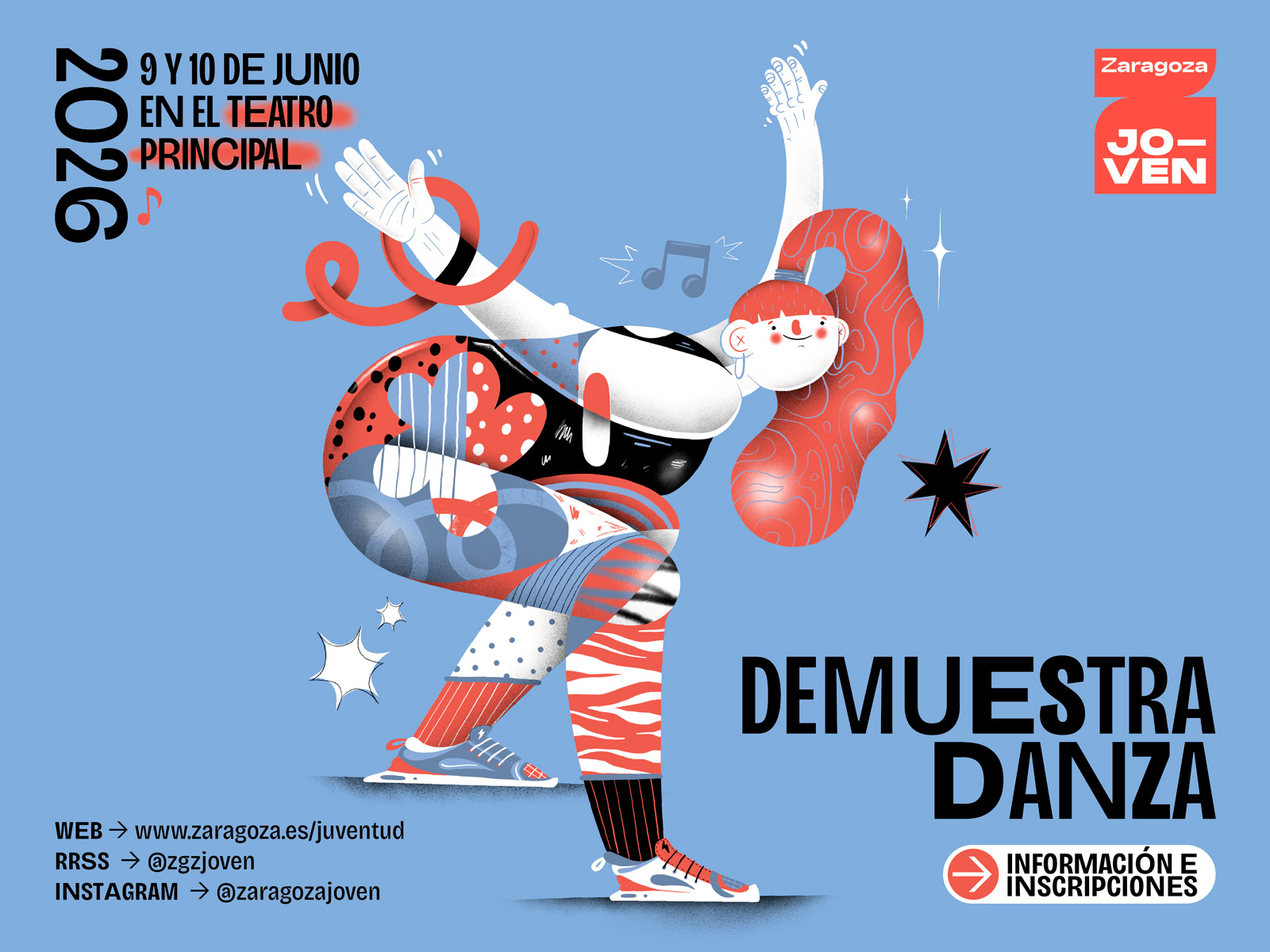 Campaña publicitaria para Zaragoza Joven, Ayuntamiento de Zaragoza, Demuestra Danza 2026. Diseño gráfico e ilustración.